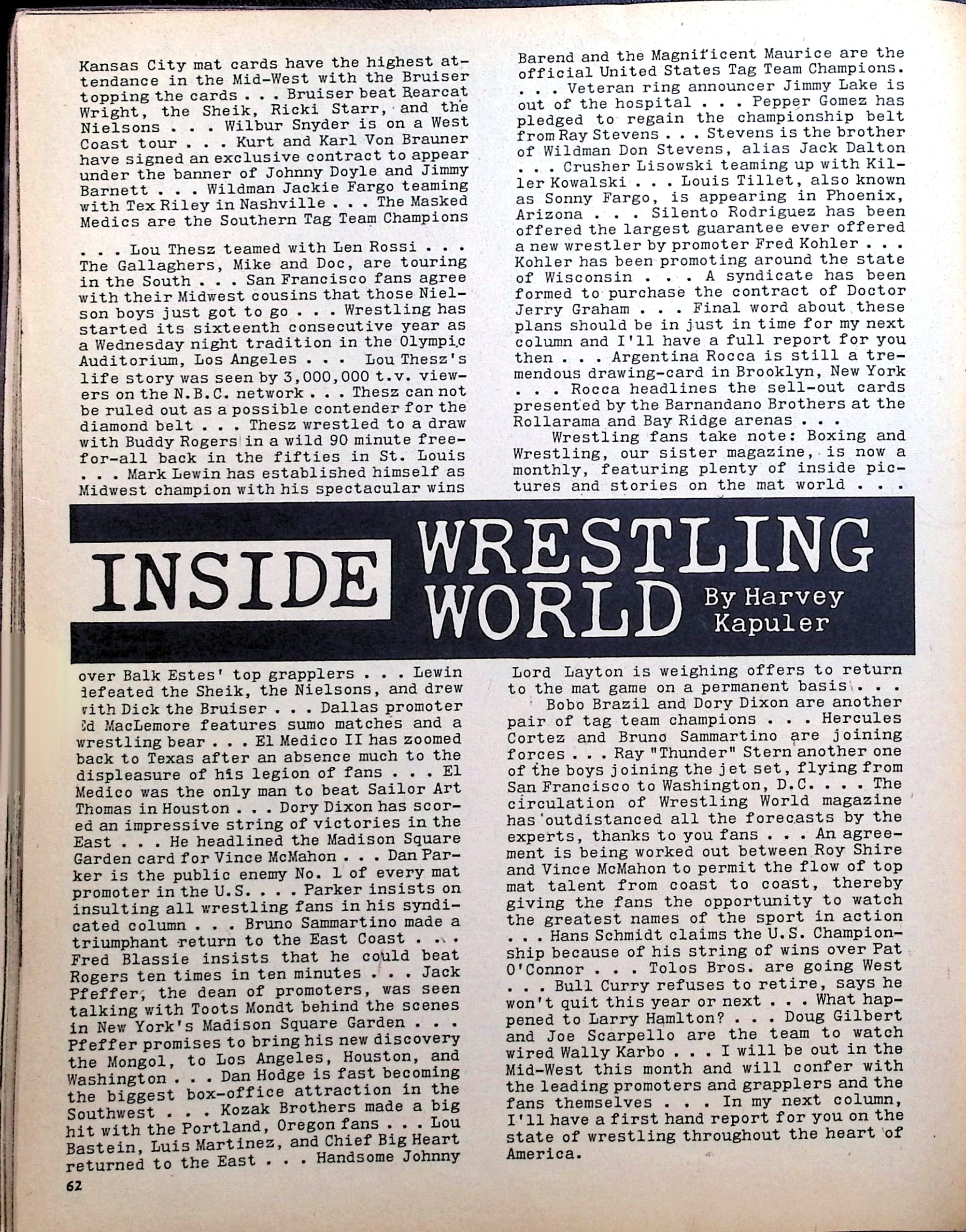 Inside Wrestling World column by Harvey Kapuler from Wrestling World magazine, ca. 1950s, featuring territory wrestling news and a mention of Bull Curry refusing to retire