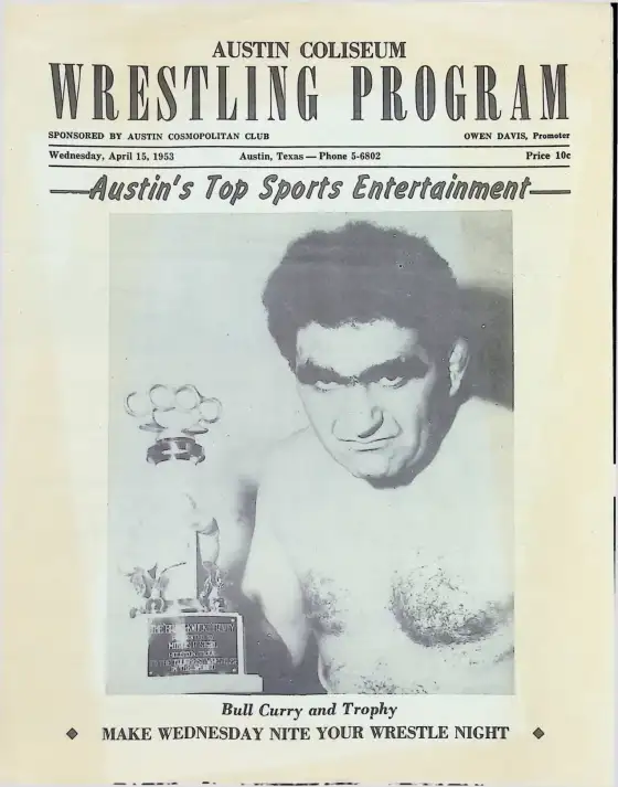 AUSTIN COLISEUM WRESTLING PROGRAM, Wednesday, April 15, 1953