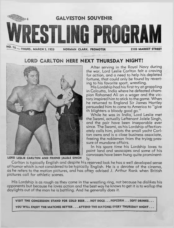 Galveston Souvenir Wrestling Program, THURS., MARCH 5, 1953
