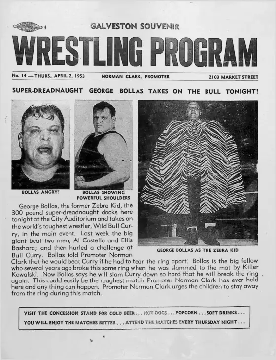 Galveston Souvenir Wrestling Program, THURS., APRIL 2, 1953