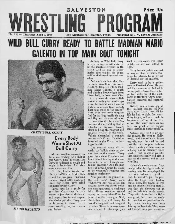 Galveston Souvenir Wrestling Program, Thursday April 9, 1959