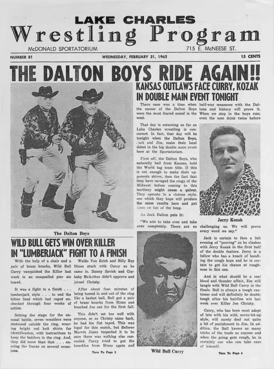 Lake Charles Wrestling Program, WEDNESDAY, FEBRUARY 21, 1962