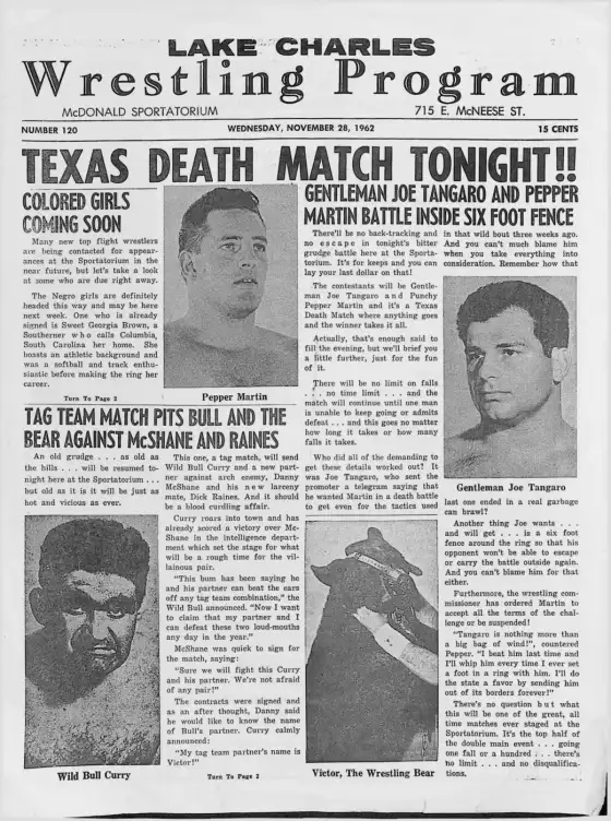 Lake Charles Wrestling Program, WEDNESDAY, NOVEMBER 28, 1962