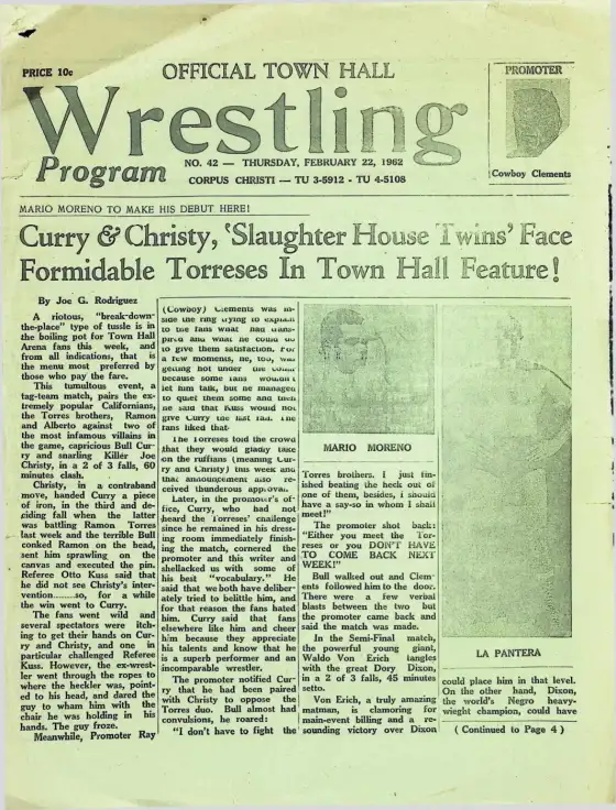 Official Town Hall Wrestling Program, Thursday, February 22, 1962