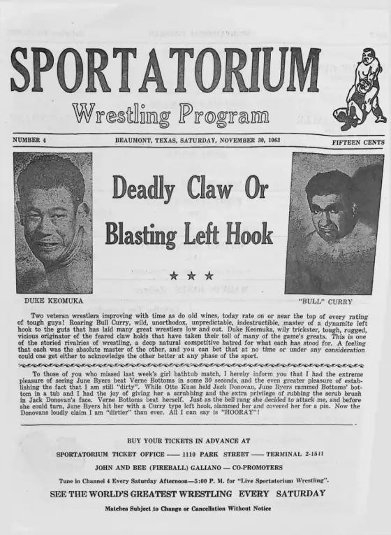 SPORTATORIUM Wrestling Program, SATURDAY, NOVEMBER 30, 1963