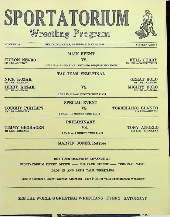 SPORTATORIUM Wrestling Program, SATURDAY, MAY 19, 1962