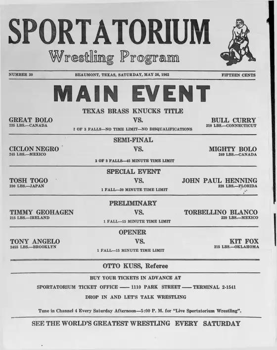 SPORTATORIUM Wrestling Program, SATURDAY, MAY 26, 1962