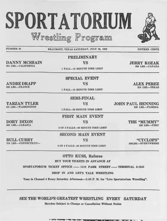 SPORTATORIUM Wrestling Program, SATURDAY, JULY 28, 1962