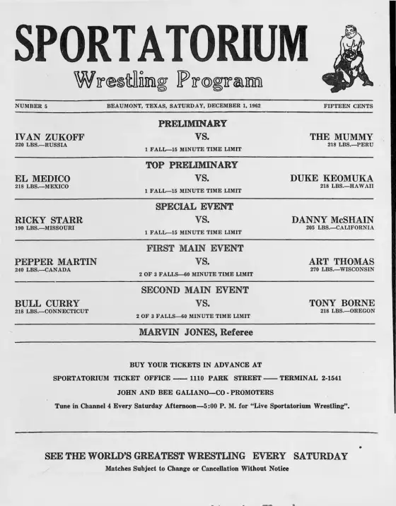 SPORTATORIUM Wrestling Program, SATURDAY, DECEMBER 1, 1962