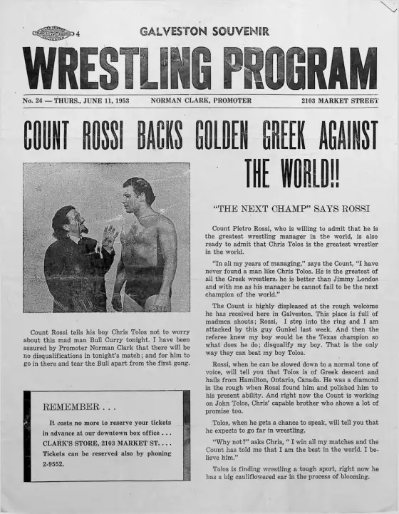 Galveston Souvenir Wrestling Program, THURS., JUNE 11, 1953