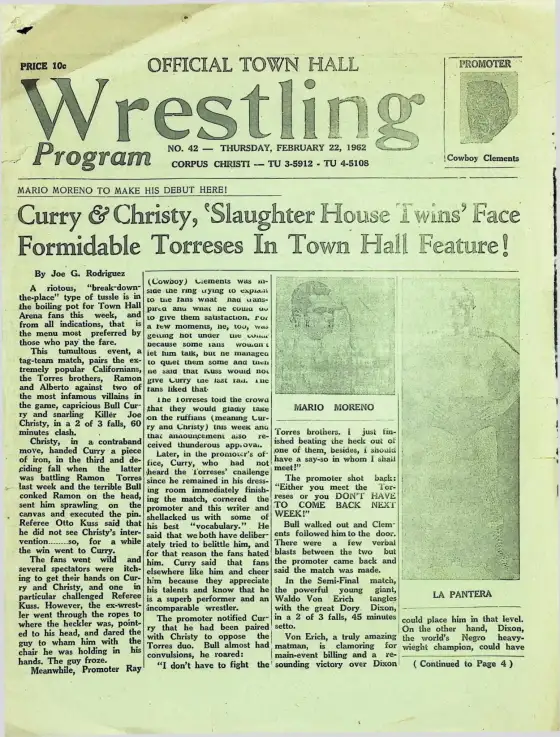 Official Town Hall Wrestling Program, Thursday, February 22, 1962