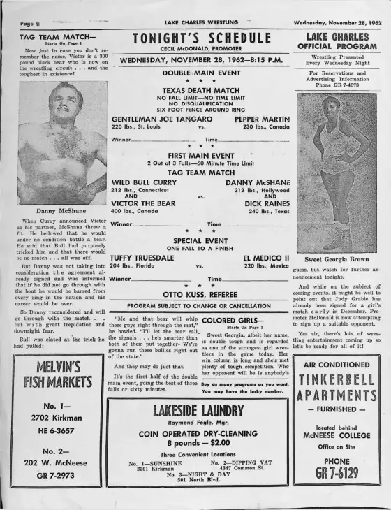 Lake Charles Wrestling Program, WEDNESDAY, NOVEMBER 28, 1962
