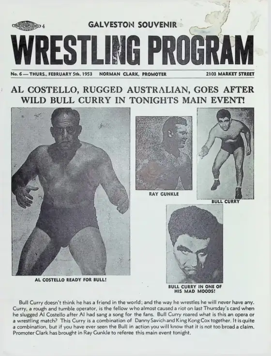 GALVESTON SOUVENIR WRESTLING PROGRAM, THURS., FEBRUARY 5th, 1953