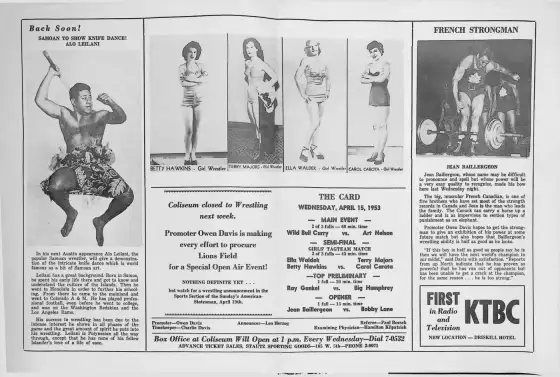 AUSTIN COLISEUM WRESTLING PROGRAM, Wednesday, April 15, 1953