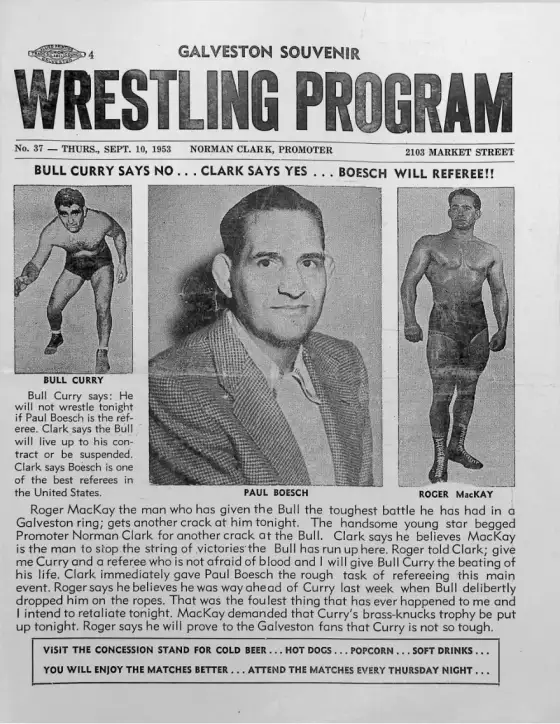 GALVESTON SOUVENIR WRESTLING PROGRAM, THURS., SEPT. 10, 1953