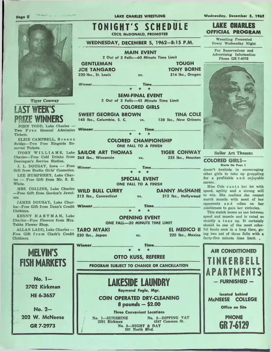 Lake Charles Wrestling Program, WEDNESDAY, DECEMBER 5, 1962