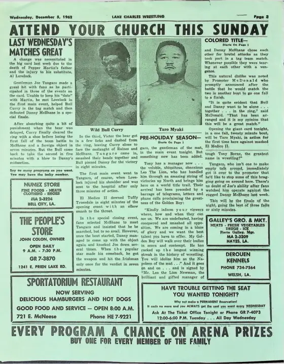 Lake Charles Wrestling Program, WEDNESDAY, DECEMBER 5, 1962