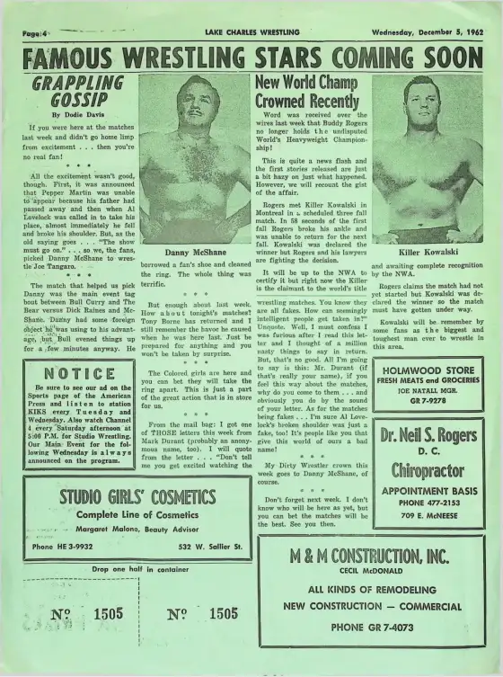 Lake Charles Wrestling Program, WEDNESDAY, DECEMBER 5, 1962