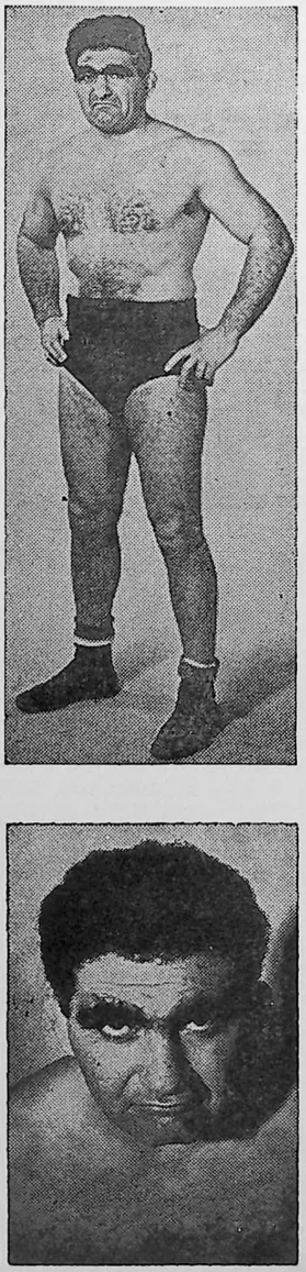 Shown at right is Bull Curry, who claims distinction of being world's toughest mat star. Bull see actions here for first time in ten months tonight as he collides with Ireland's burliest wrestler. Skull Murphy.