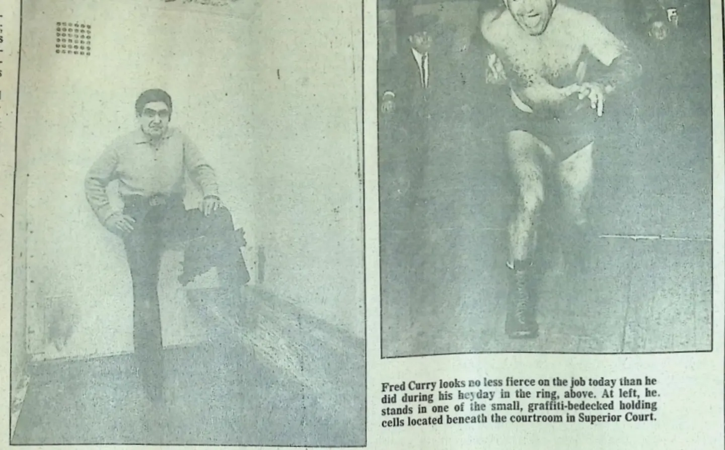 Hartford Courant photo pair from 1983, Bull Curry standing in a graffiti-covered holding cell beneath the courtroom, beside a photo of him charging in the ring in his heyday