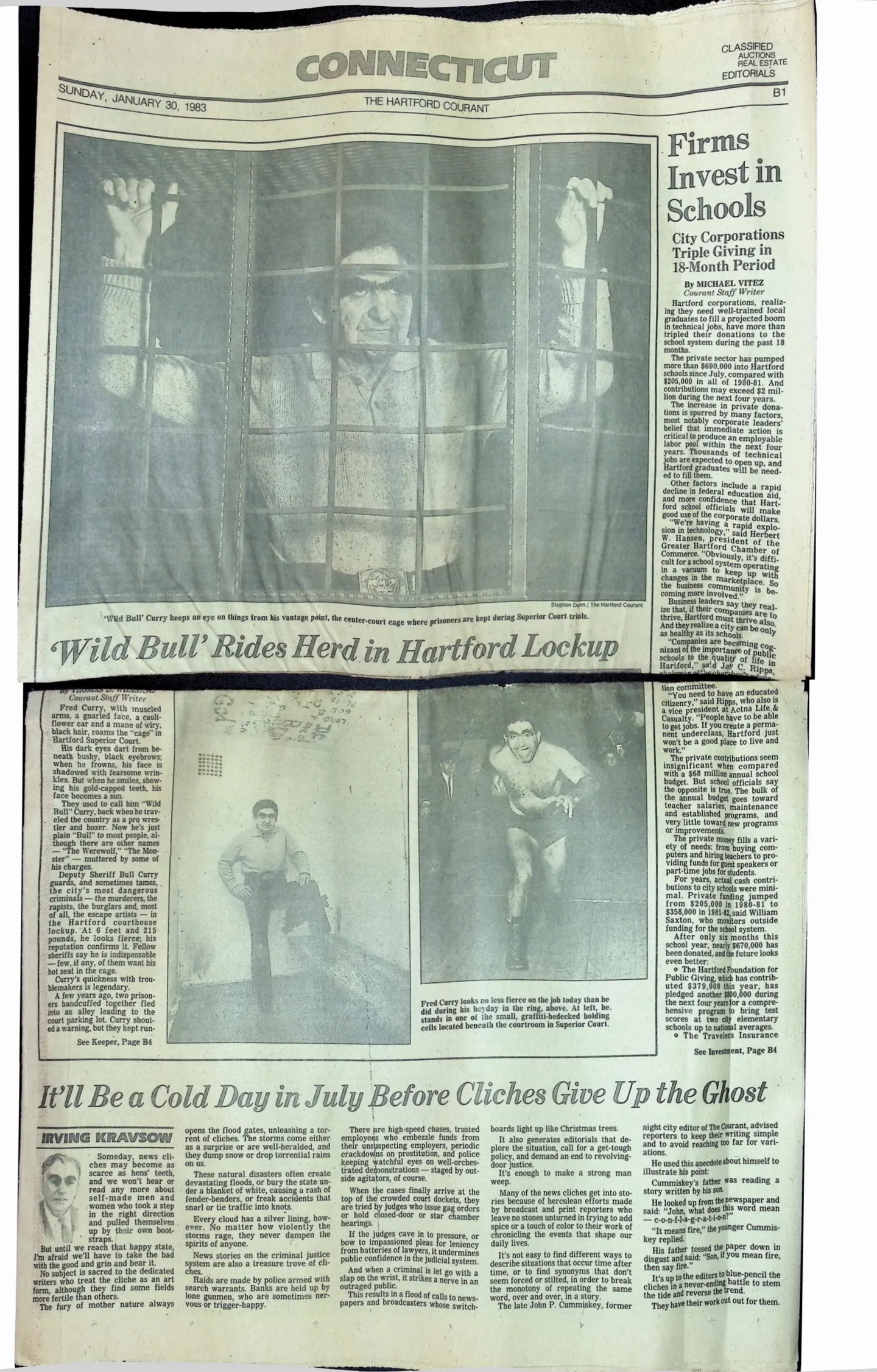 The Hartford Courant Connecticut section front page, Sunday January 30 1983, large photo of Wild Bull Curry gripping the bars of the center-court cage, headline Wild Bull Rides Herd in Hartford Lockup
