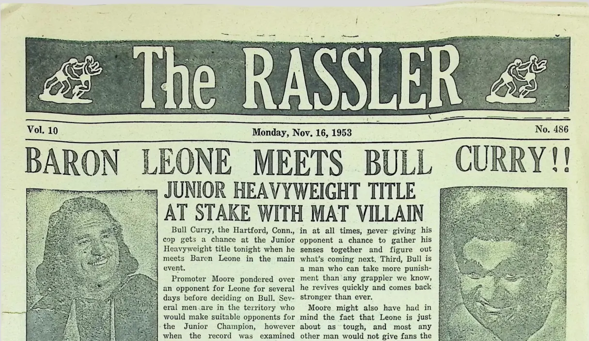 The Rassler front page, November 16 1953, headline Baron Leone Meets Bull Curry, lead line billing Bull Curry as the Hartford Conn cop