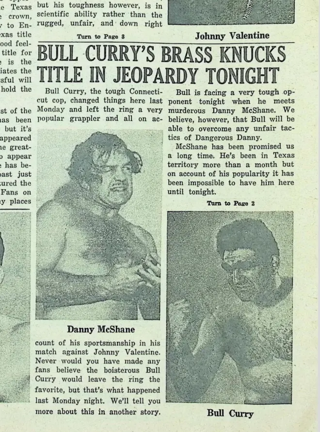 The Rassler front page, February 24 1958, headline Bull Curry's Brass Knucks Title In Jeopardy Tonight, lead line billing Bull Curry as the tough Connecticut cop