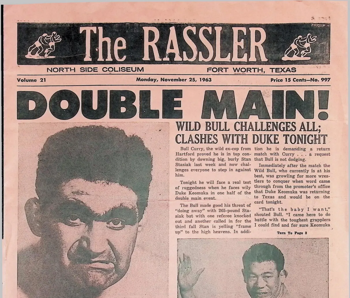 The Rassler front page, November 25 1963, headline Wild Bull Challenges All, lead line billing Bull Curry as the wild ex-cop from Hartford